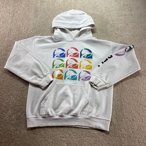 Taco Bell Hoodie Adult Womens White Multi Color Logo Graphic Pullover Sweatshirt